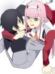  1girl black_hair blue_eyes boots candy commentary_request couple darling_in_the_franxx food green_eyes hiro_(darling_in_the_franxx) holding_lollipop horns lips lollipop long_hair looking_at_another military military_uniform necktie oni_horns orange_neckwear pink_hair uniform white_footwear zero_two_(darling_in_the_franxx) zuwai_kani 