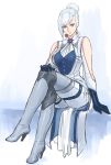  absurdres bare_shoulders blue_eyes boots crossed_legs drill_(emilio) gloves hair_bun high_heel_boots high_heels highres rwby silver_hair sketch solo thigh_boots thighhighs white_background winter_schnee 