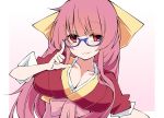  absurdres adjusting_eyewear alternate_breast_size bad_id bad_pixiv_id bespectacled breasts cleavage collarbone commentary glasses hair_ribbon highres japanese_clothes kamikaze_(kantai_collection) kantai_collection large_breasts long_hair looking_away pink_hair red_eyes ribbon sakakiba_misogi simple_background solo white_background 