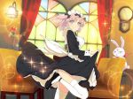  1girl alternate_costume animal apron bad_source black_footwear blue_eyes bow breasts bunny chair clock curtains dress enmaided frilled_apron frills hair_bow hibari_(senran_kagura) indoors leg_up light_smile long_dress long_sleeves looking_at_viewer maid maid_headdress ninto_(senran_kagura) pink_hair senran_kagura senran_kagura_new_link short_hair short_twintails skirt_hold solo sparkle stained_glass thighhighs twintails wall_clock wall_lamp white_legwear window yaegashi_nan 