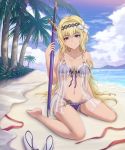  absurdres babydoll barefoot beach bikini blonde_hair blue_eyes breasts collarbone commentary day diadem flower front-tie_bikini front-tie_top granblue_fantasy hair_flower hair_ornament head_tilt highres jeanne_d'arc_(granblue_fantasy) light_blush lily_(flower) long_hair looking_at_viewer medium_breasts ocean palm_tree purple_bikini sandals_removed scabbard see-through sheath side-tie_bikini sitting smile solo swimsuit sword tree wariza weapon yuki7128 