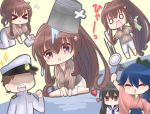  &gt;_&lt; 3girls admiral_(kantai_collection) black_hair brown_hair clumsy commentary_request dojikko flower hair_flower hair_ornament hakama hat headgear high_ponytail highres houshou_(kantai_collection) japanese_clothes kantai_collection long_hair mibo91c military military_hat military_uniform multiple_girls naval_uniform peaked_cap ponytail red_eyes school_uniform serafuku sparkle tasuki uniform very_long_hair yahagi_(kantai_collection) yamato_(kantai_collection) 