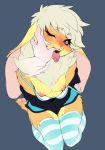  anthro blush breasts clothed clothing disembodied_hand female finger_in_mouth freckles fur hair lagomorph mammal nipples open_mouth rabbit short_stack simple_background solo tongue venusflowerart 