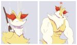  2017 abs ambiguous_gender big_arms boke_(artist) braixen fur inner_ear_fluff looking_at_viewer mane muscular nintendo pok&eacute;mon pok&eacute;mon_(species) red_eyes red_nose stick transformation video_games white_fur yellow_fur 