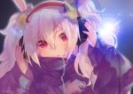  animal_ears arms_up azur_lane bangs bunny_ears closed_mouth commentary_request hair_between_eyes hair_ornament hairband hands_on_headphones head_tilt headphones jacket karinto_yamada laffey_(azur_lane) long_hair long_sleeves looking_at_viewer purple_jacket red_eyes red_hairband signature silver_hair sleeves_past_wrists solo twintails 