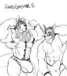  anthro armpit_hair big_bulge blush body_hair briefs bulge chest_hair clothing comparing cursedmarked duo erection erection_under_clothes flexing kangaroo looking_at_penis male mammal marsupial muscular muscular_male penis penis_outline standing sweat underwear 