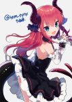  :d asymmetrical_horns bangs bare_shoulders black_dress blue_ribbon blush cowboy_shot curled_horns detached_sleeves dragon_girl dragon_horns dragon_tail dress elizabeth_bathory_(fate) elizabeth_bathory_(fate)_(all) eyebrows_visible_through_hair fang fate/extra fate/extra_ccc fate_(series) green_eyes grey_background hair_between_eyes hair_ribbon hand_up highres horns ikeuchi_tanuma long_hair long_sleeves looking_at_viewer looking_to_the_side md5_mismatch open_mouth pink_hair pointy_ears ribbon sidelocks sleeveless sleeveless_dress smile solo tail twitter_username two_side_up very_long_hair 