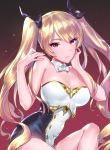  azur_lane bare_shoulders blonde_hair breasts cleavage collar commentary_request detached_collar dress gold_trim hands_up long_hair medium_breasts nelson_(azur_lane) peru_(tokyoska4592) red_eyes shiny shiny_hair strapless strapless_dress twintails very_long_hair wing_collar 