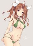  absurdres ahoge alternate_costume arms_at_sides bangs bare_arms bare_shoulders bikini blush breasts brown_hair cleavage cowboy_shot eyebrows_visible_through_hair green_bikini green_ribbon grey_background groin hair_ribbon halter_top halterneck highres kagerou_(kantai_collection) kantai_collection large_breasts long_hair looking_at_viewer multi-strapped_bikini navel parted_bangs purple_eyes remodel_(kantai_collection) ribbon signature simple_background solo standing stomach swimsuit tsurime twintails white_ribbon zhi_zhi/zu_zu 