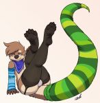  2016 5_fingers 5_toes absurd_res anthro armwear black_nose brown_eyes brown_fur bulge clothed clothing digital_drawing_(artwork) digital_media_(artwork) eyewear fur girly glasses hi_res legwear long_tail looking_at_viewer male mammal mao_otter multicolored_fur mustelid neckerchief otter simple_background smile solo stockings stormdragonblue striped_clothing stripes tan_fur thick_thighs toes two_tone_fur voluptuous 