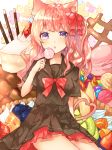  :o animal_ears apple_slice arm_behind_back arm_up black_serafuku blue_eyes blueberry bow bread candy cat_ears cat_tail cheesecake floral_background food fruit hair_ribbon heart heart_tail highres jelly_bean kiwi_slice lollipop long_hair looking_at_viewer macaron melon_bread multiple_tails orange orange_slice original oversized_object petticoat pie pink_hair pocky red_bow red_neckwear ribbon school_uniform serafuku short_sleeves side_ponytail sitting solo strawberry sweetroad swirl_lollipop tail white_background 