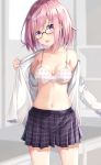  :o bangs bare_shoulders black-framed_eyewear blush bra breasts cleavage collarbone cowboy_shot eyebrows_visible_through_hair fate/grand_order fate_(series) glasses head_tilt heart heart_print indoors legs_apart long_sleeves looking_at_viewer mash_kyrielight medium_breasts navel off_shoulder open_mouth pink_hair plaid plaid_skirt pleated_skirt print_bra purple_eyes purple_skirt rin_yuu shiny shiny_hair shirt short_hair skirt solo standing stomach underwear undressing white_bra white_shirt 