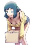  1girl blue_eyes blue_hair breasts cleavage curvy female gundam gundam_build_fighters_try hanging_breasts highres iori_rinko leaning_forward long_hair looking_at_viewer medium_breasts milf open_mouth plump ponytail simple_background smile solo standing third-party_edit transparent_background 
