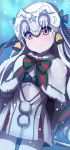  bad_id bad_pixiv_id bangs bell bikini_top black_bikini_top blush bow capelet closed_mouth cosplay cowboy_shot dress dutch_angle eyebrows_visible_through_hair fate/grand_order fate_(series) fur-trimmed_capelet fur_trim green_bow green_ribbon hair_between_eyes hair_bow headpiece highres jeanne_d'arc_(fate)_(all) jeanne_d'arc_alter_santa_lily jeanne_d'arc_alter_santa_lily_(cosplay) nursery_rhyme_(fate/extra) pink_eyes pleated_dress ribbon smile snowing solo striped striped_bow striped_ribbon wada_kazu white_capelet white_dress 