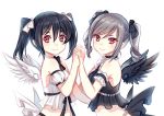  alternate_costume bangs bare_shoulders black_vs_white black_wings closed_mouth eyebrows_visible_through_hair idolmaster idolmaster_cinderella_girls kanzaki_ranko looking_at_viewer love_live! love_live!_school_idol_project multiple_girls red_eyes sleeveless smile twintails villyane white_wings wings yazawa_nico 