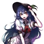  black_hat blouse blue_hair blue_skirt blush bow bowtie commentary_request eyebrows_visible_through_hair food frilled_blouse fruit hair_between_eyes hand_on_headwear hand_up hat highres hinanawi_tenshi leaf leaning_forward long_hair miata_(miata8674) open_mouth peach puffy_short_sleeves puffy_sleeves red_bow red_eyes red_neckwear short_sleeves simple_background skirt smile solo touhou upper_body very_long_hair white_background white_blouse wing_collar 