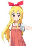  aikatsu! aikatsu!_(series) arm_up blonde_hair bow casual dress hair_bow hairband haiteku hoshimiya_ichigo long_hair red_eyes shiny shiny_hair shiny_skin shirt simple_background sketch smile solo spaghetti_strap t-shirt upper_body white_background white_shirt 