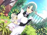  alternate_costume apron bad_source bashou_(senran_kagura) day dress enmaided flower garden gardening green_hair long_dress looking_at_viewer maid maid_headdress outdoors paintbrush red_eyes senran_kagura senran_kagura_new_link smile solo watering_can yaegashi_nan 