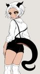  1girl ano5102 ass black_sclera female from_behind horns jpeg_artifacts looking_back monster_girl original parted_lips short_hair solo tail white_hair yellow_eyes 
