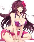  arm_support bangs bare_arms bare_shoulders bikini breasts cleavage collarbone dated eyebrows_visible_through_hair fate/grand_order fate_(series) flower hair_flower hair_ornament hibiscus highres large_breasts leaning_forward leg_garter long_hair looking_at_viewer pink_bikini purple_hair purple_sarong red_eyes sarong scathach_(fate)_(all) scathach_(swimsuit_assassin)_(fate) see-through signature simple_background sitting solo straight_hair swimsuit thighs tsurime very_long_hair white_background yorei_(death0813) 