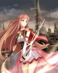  absurdres asuna_(sao) asymmetrical_sleeves bridal_gauntlets brown_eyes brown_hair capelet cloud cloudy_sky cowboy_shot detached_sleeves floating_hair highres holding holding_sword holding_weapon long_hair miniskirt outdoors parted_lips pink_cape pleated_skirt rapier red_capelet see-through skirt sky solo standing sword sword_art_online tower very_long_hair waist_cape weapon white_skirt zetchi_no_dianfeng 