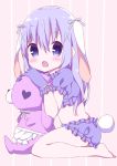  absurdres animal_ears bangs barefoot blue_gloves blue_hair blue_shorts blush bow bunny_ears bunny_girl bunny_tail commentary crop_top ears_down eyebrows_visible_through_hair floppy_ears frilled_shorts frills gloves gochuumon_wa_usagi_desu_ka? hair_between_eyes hair_bow hair_ornament hamada_pengin hands_up highres kafuu_chino long_hair looking_at_viewer looking_to_the_side open_mouth puffy_short_sleeves puffy_sleeves purple_bow purple_eyes short_shorts short_sleeves shorts sidelocks sitting solo striped striped_background stuffed_animal stuffed_bunny stuffed_toy tail vertical-striped_background vertical_stripes very_long_hair wariza x_hair_ornament 