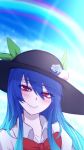  black_hat blouse blue_flower blue_hair blue_rose blue_sky blush bow bowtie cloud collarbone commentary_request day eyebrows_visible_through_hair flower food fruit hair_between_eyes hat hat_flower head_tilt highres hinanawi_tenshi leaf long_hair looking_at_viewer miata_(miata8674) peach puffy_short_sleeves puffy_sleeves rainbow red_bow red_eyes red_neckwear rose short_sleeves sidelocks sky smile solo touhou white_blouse wing_collar 