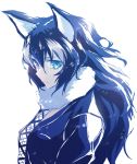  animal_ears aqua_eyes bangs blue_hair blue_jacket breasts closed_mouth fur_collar grey_wolf grey_wolf_(kemono_friends) hair_between_eyes heterochromia hori_(hori_no_su) jacket kemono_friends light_smile long_hair medium_breasts multicolored_hair red_eyes simple_background solo two-tone_hair upper_body white_background white_hair wolf_ears wolf_girl 