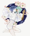  androgynous bangs blue_eyes blue_hair blunt_bangs commentary_request different_reflection flower golden_arms green_eyes green_hair heterochromia high_heels highres houseki_no_kuni looking_at_viewer lotus phosphophyllite phosphophyllite_(ll) reflection short_hair smile spoilers sunfish263 white_eyes 