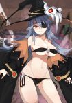  ass_visible_through_thighs bare_shoulders bikini black_bikini black_hat blue_hair blurry blurry_background breasts ceiling character_request cleavage closed_mouth collarbone commentary_request contrapposto covered_nipples cowboy_shot depth_of_field detached_sleeves eyepatch groin hat highres indoors kasuka_(kusuki) large_breasts long_hair looking_at_viewer lowleg lowleg_bikini navel one_eye_covered original red_eyes skull smile solo standing stomach strapless strapless_bikini swimsuit thighs underboob witch witch_hat 