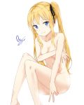  black_ribbon blonde_hair blush breast_hold breasts cleavage covering covering_breasts eyebrows_visible_through_hair fang hair_between_eyes highres looking_at_viewer mojomaru nude ribbon saenai_heroine_no_sodatekata sawamura_spencer_eriri side_ponytail skinny small_breasts solo v wavy_mouth white_background 