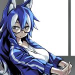  animal_ears bangs black-framed_eyewear black_eyes blue_hair blue_jacket breasts bright_pupils collarbone eyebrows eyelashes grey_wolf_(kemono_friends) hair_between_eyes hori_(hori_no_su) interlocked_fingers jacket kemono_friends large_breasts long_hair long_sleeves multicolored_hair open_clothes open_jacket open_mouth outstretched_arms semi-rimless_eyewear shirt solo track_jacket two-tone_hair under-rim_eyewear white_hair white_pupils white_shirt wolf_ears wolf_girl 
