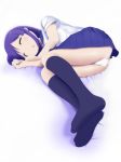  ass blue_skirt closed_eyes commentary_request feet fetal_position highres hinata_yukari kneehighs knees_up long_hair lying navy_blue_legwear no_shoes on_side open_mouth panties purple_hair school_uniform school_uniform_(yuyushiki) serafuku shirt skirt sleeping soles solo tora_tsugumi underwear white_panties white_shirt yuyushiki 