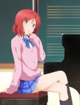  blush cardigan commentary crossed_legs hand_to_own_mouth head_tilt highres kuusuke_(yo_suke39) looking_at_viewer love_live! love_live!_school_idol_project nishikino_maki otonokizaka_school_uniform pink_cardigan plaid plaid_skirt purple_eyes red_hair school_uniform short_hair sitting skirt smile solo 