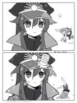  2koma chaldea_uniform comic commentary_request cup dripping fallen_down falling family_crest fate/grand_order fate_(series) fujimaru_ritsuka_(female) greyscale hair_ornament hair_scrunchie hat koha-ace long_hair military_hat monochrome multiple_girls nyamo_(nm_0923) oda_nobunaga_(fate) oda_uri peaked_cap ranma_1/2 scrunchie side_ponytail skirt spilling tripped water wet wet_clothes 