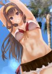  ahoge alternate_costume armpits arms_up bangs bikini bikini_skirt blue_sky blush breasts brown_hair commentary_request cowboy_shot day double_bun front-tie_bikini front-tie_top hairband headgear highres kantai_collection kongou_(kantai_collection) konkito long_hair looking_at_viewer navel outdoors palm_tree parted_lips remodel_(kantai_collection) side-tie_bikini sidelocks sky smile solo stomach swimsuit tree 