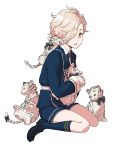  blonde_hair commentary_request freckles full_body gokotai gokotai's_tigers hair_over_one_eye highres knhl looking_at_viewer open_mouth shorts sitting smile tiger tiger_cub touken_ranbu wariza white_tiger yellow_eyes 