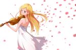  blonde_hair blue_eyes cherry_blossoms dress flower hair_flower hair_ornament highres instrument long_hair looking_at_viewer miyazono_kawori shigatsu_wa_kimi_no_uso sushi_(7082124) violin violin_bow white_dress 