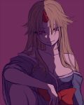  &gt;:) alternate_costume bare_shoulders blonde_hair blue_kimono bow breasts cleavage collarbone commentary_request head_tilt horn hoshiguma_yuugi japanese_clothes kimono knee_up large_breasts long_hair long_sleeves looking_at_viewer miata_(miata8674) off_shoulder purple_background red_bow red_eyes shadow sidelocks simple_background sitting smile solo touhou upper_body v-shaped_eyebrows wide_sleeves 