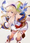  bare_shoulders belt bent_over beret between_breasts blonde_hair blue_eyes boots breasts commentary_request cucouroux_(granblue_fantasy) detached_sleeves granblue_fantasy hair_ribbon hat long_hair nido_celisius ribbon simple_background skirt socks solo tank_top thigh_pouch thigh_strap twintails 