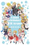  :d apron ayase_eli black_legwear blonde_hair blue_eyes bow bowtie capelet character_name choker commentary_request dated elbow_gloves fingerless_gloves formal fur-trimmed_capelet fur_trim gloves hair_bow hair_ribbon happy_birthday head_tilt highres kaisou_(0731waka) long_hair love_live! love_live!_school_idol_project maid maid_apron maid_headdress midriff multiple_views necktie one_eye_closed open_mouth pantyhose plaid plaid_skirt pleated_skirt pom_poms ponytail ribbon school_uniform skirt smile suit thigh_strap thighhighs vest waving white_legwear 
