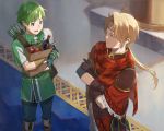  apple arrow bag blonde_hair boots bottle crossed_arms fingerless_gloves fire_emblem fire_emblem:_monshou_no_nazo fire_emblem_heroes food fruit gloves gordon_(fire_emblem) green_eyes green_hair headband jeorge_(fire_emblem) kyufe long_hair low_ponytail male_focus multiple_boys open_mouth orange_eyes paper_bag quiver scarf teeth wine_bottle 