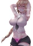  :o armpits arms_behind_back arms_up bangs between_breasts black_legwear black_neckwear black_shorts blonde_hair blush braid breasts collared_shirt covered_nipples cowboy_shot eyebrows_visible_through_hair fate/apocrypha fate_(series) hair_between_eyes hair_tie half-closed_eyes impossible_clothes impossible_shirt jeanne_d'arc_(fate) jeanne_d'arc_(fate)_(all) large_breasts long_hair looking_at_viewer navel necktie necktie_between_breasts open_fly open_mouth pubic_tattoo purple_eyes re:ia shirt short_shorts shorts simple_background single_braid sleeveless sleeveless_shirt solo standing stomach sweat tattoo thighhighs very_long_hair white_background white_shirt wing_collar 