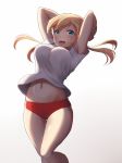  :d alternate_costume armpit_peek arms_up ball bare_legs blonde_hair blue_eyes blush bouncing_breasts breasts buruma feet_out_of_frame gradient gradient_background gym_shirt gym_uniform holding holding_ball kantai_collection large_breasts light long_hair low_twintails maku_ro navel no_hat no_headwear open_mouth prinz_eugen_(kantai_collection) red_buruma shirt short_sleeves smile solo thigh_gap twintails upper_teeth white_background white_shirt 