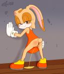  alternate_version_at_source anthro anus bent_over blush butt clothing cream_the_rabbit dress excito eyelashes female footwear gloves half-closed_eyes lagomorph looking_at_viewer looking_back mammal peeing presenting pussy rabbit shoes smile solo sonic_(series) spread_anus spreading standing sweat urine 