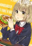  background_text beef black_jacket blazer blonde_hair blush bow bowtie cheese collared_shirt dutch_angle eating english eyebrows_visible_through_hair food food_on_face hamburger holding holding_food jacket long_sleeves looking_at_viewer original red_bow red_neckwear salad school_uniform shiny shiny_hair shirt short_hair solo sparkle table teshima_nari tomato two-handed v-shaped_eyebrows 