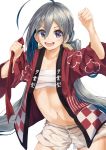  ahoge bad_anatomy bangs brown_shorts clothes_writing cloud_print collarbone cowboy_shot grey_eyes grey_hair hair_between_eyes hands_up happi highres holding japanese_clothes kantai_collection kiyoshimo_(kantai_collection) konkito long_hair looking_at_viewer low_twintails navel open_clothes open_mouth sarashi short_shorts shorts sidelocks simple_background smile solo stomach teeth thighs twintails very_long_hair white_background white_shorts 