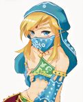 androgynous bare_shoulders blonde_hair blue_eyes blush bridal_gauntlets collarbone crossdressing detached_sleeves gerudo_link groin hariyo highres jewelry link looking_at_viewer male_focus navel nipples revealing_clothes solo the_legend_of_zelda the_legend_of_zelda:_breath_of_the_wild toned toned_male veil 