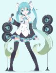  :o aqua_eyes aqua_hair bangs bare_shoulders black_footwear black_legwear black_skirt blue_background blush boots bow bowtie commentary_request detached_sleeves eyebrows_visible_through_hair full_body gradient_hair green_hair hair_between_eyes hair_ribbon hatsune_miku head_tilt headset heart holding holding_microphone long_hair long_sleeves looking_at_viewer microphone multicolored_hair parted_lips pleated_skirt ribbon skirt solo speaker standing tantan_men_(dragon) thigh_boots thighhighs twintails very_long_hair vocaloid wide_sleeves 