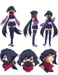  ayame_(gundam_build_divers) bangs black_hair black_legwear boots breasts character_sheet covered_mouth elbow_gloves face_mask fingerless_gloves full_body gloves gundam gundam_build_divers hair_ornament hip_armor japanese_clothes kimono knee_boots long_hair looking_at_viewer low_ponytail mask mask_removed medium_breasts multiple_views ninja ninja_mask official_art open_mouth ponytail purple_eyes scarf sleeveless split_ponytail thighhighs thighhighs_under_boots transparent_background very_long_hair zettai_ryouiki 